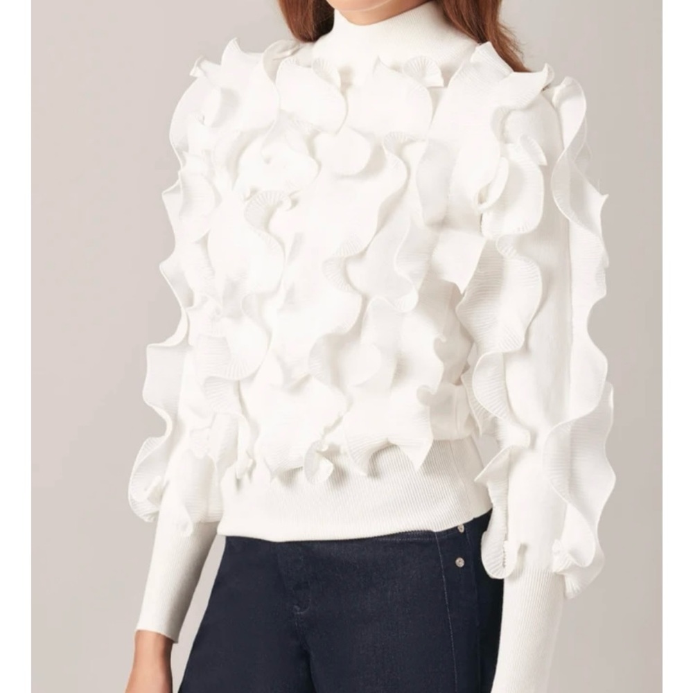 Anne Fontaine, sideline sweater, NWT, white knit pleated ruffle sweater med